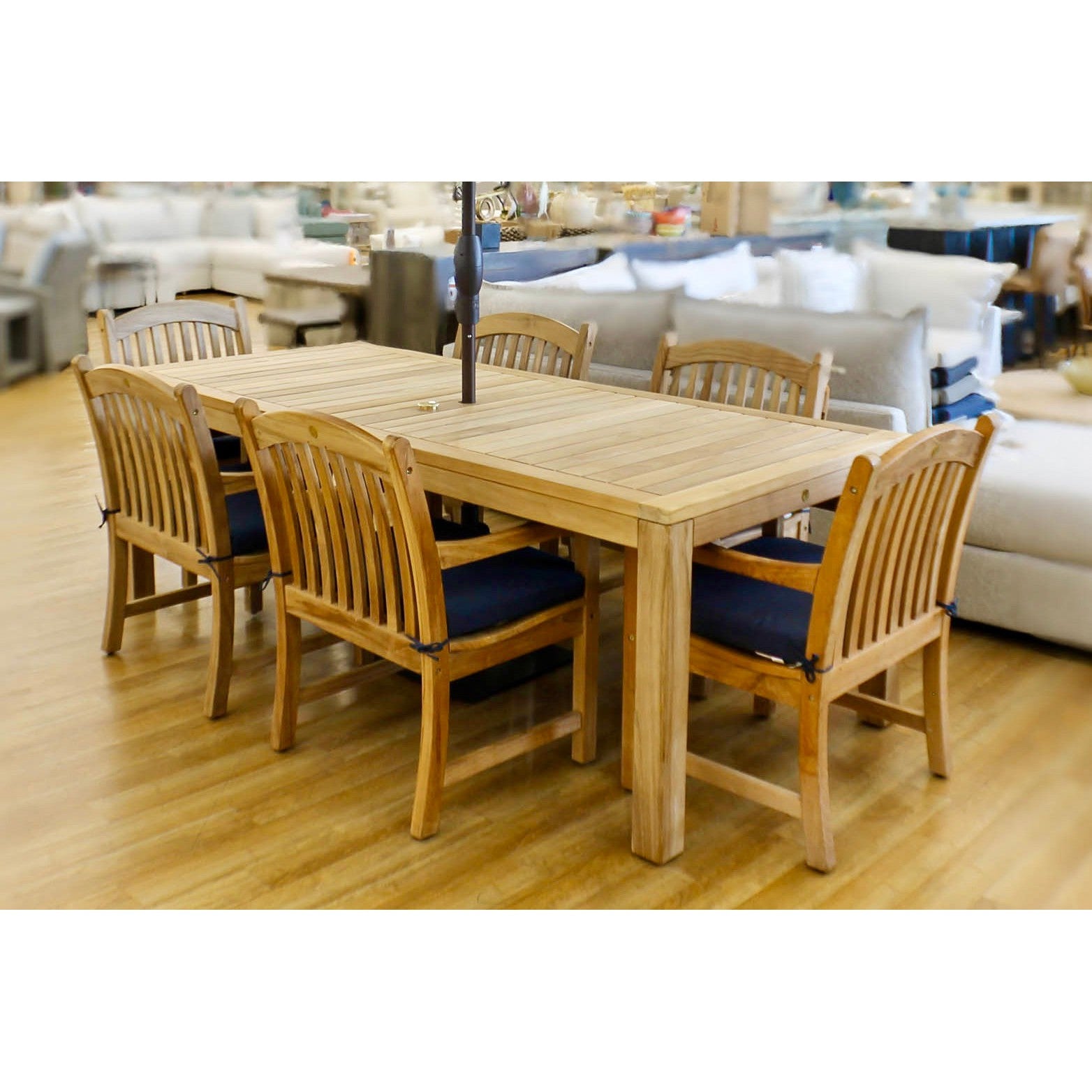 Katana Teak 7pc Outdoor Dining Set (Teak 86" Rectangular Table with 6 Teak Tista Armchairs +FREE Cushions)