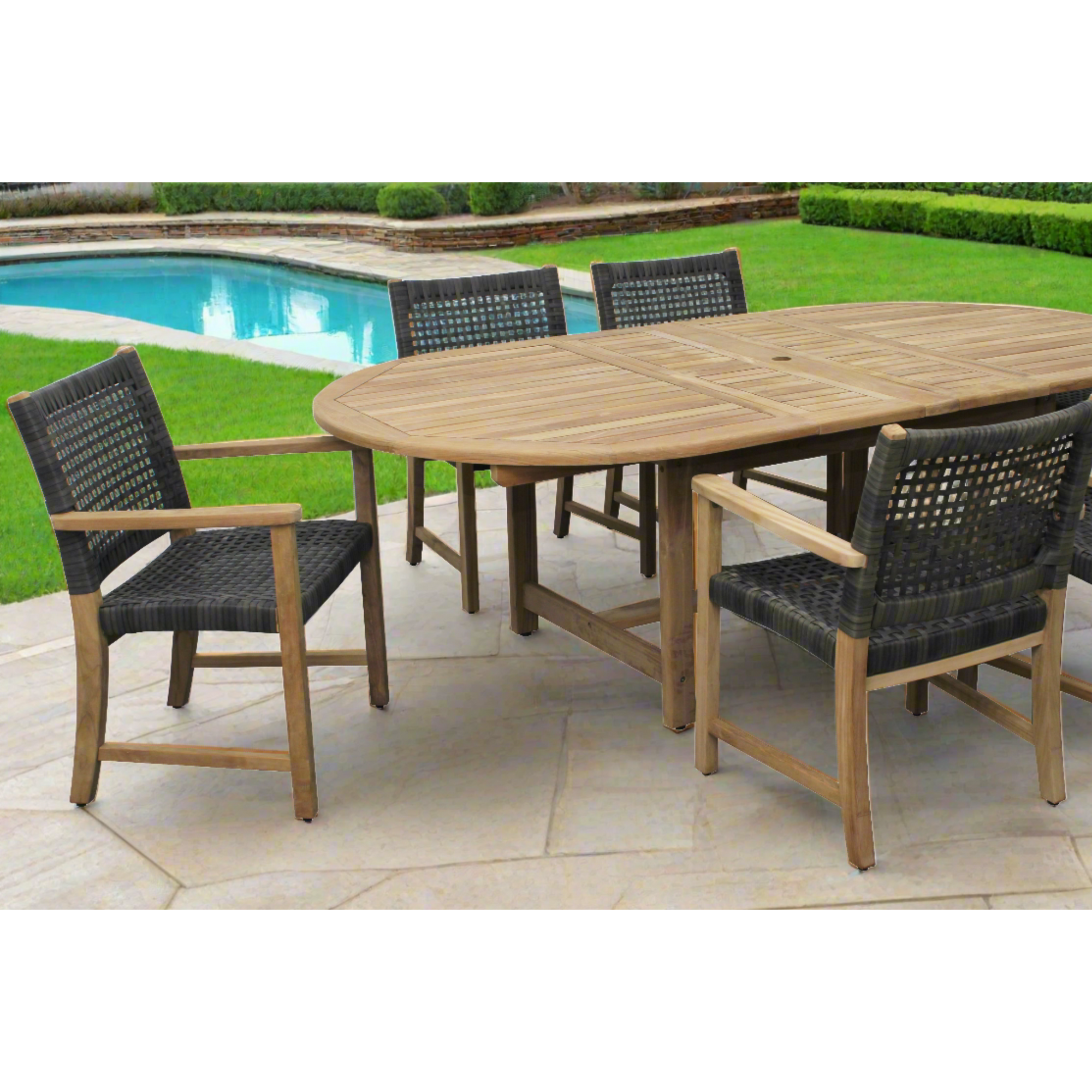 Harbour Teak Outdoor Dining Set (Teak Extendable Oval Table 71-95" with 6 Sanur Woven Armchairs)