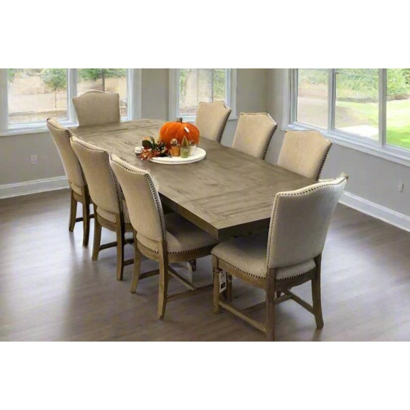 Caleb 9pc Dining Set (Extendable 84"-114" Reclaimed Pine Table +8 Upholstered Chairs)