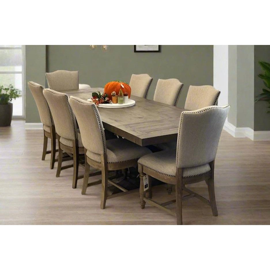 Caleb 9pc Dining Set (Extendable 84"-114" Reclaimed Pine Table +8 Upholstered Chairs)