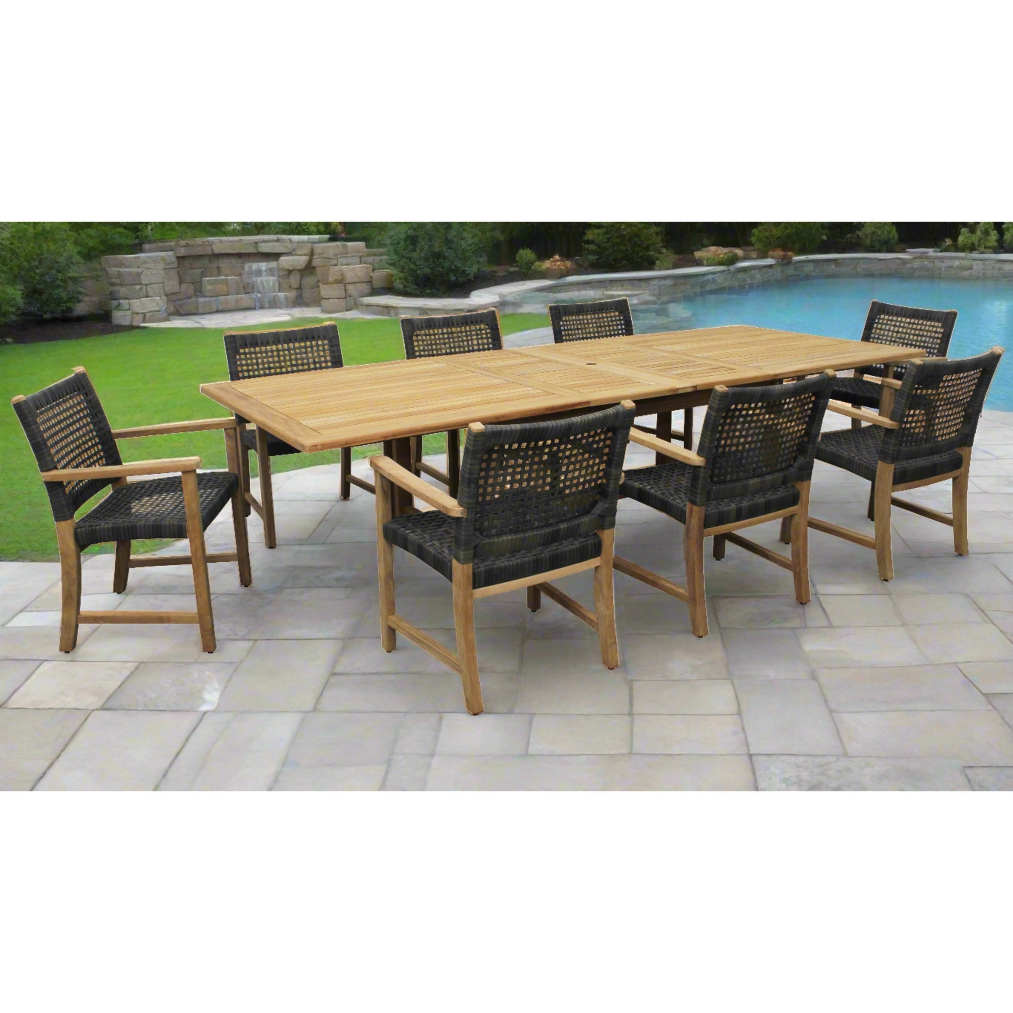 Teak Banquet 9pc Outdoor Dining Set (Teak Extendable Table 88-118" with 8 Woven Sanur Arnchairs)