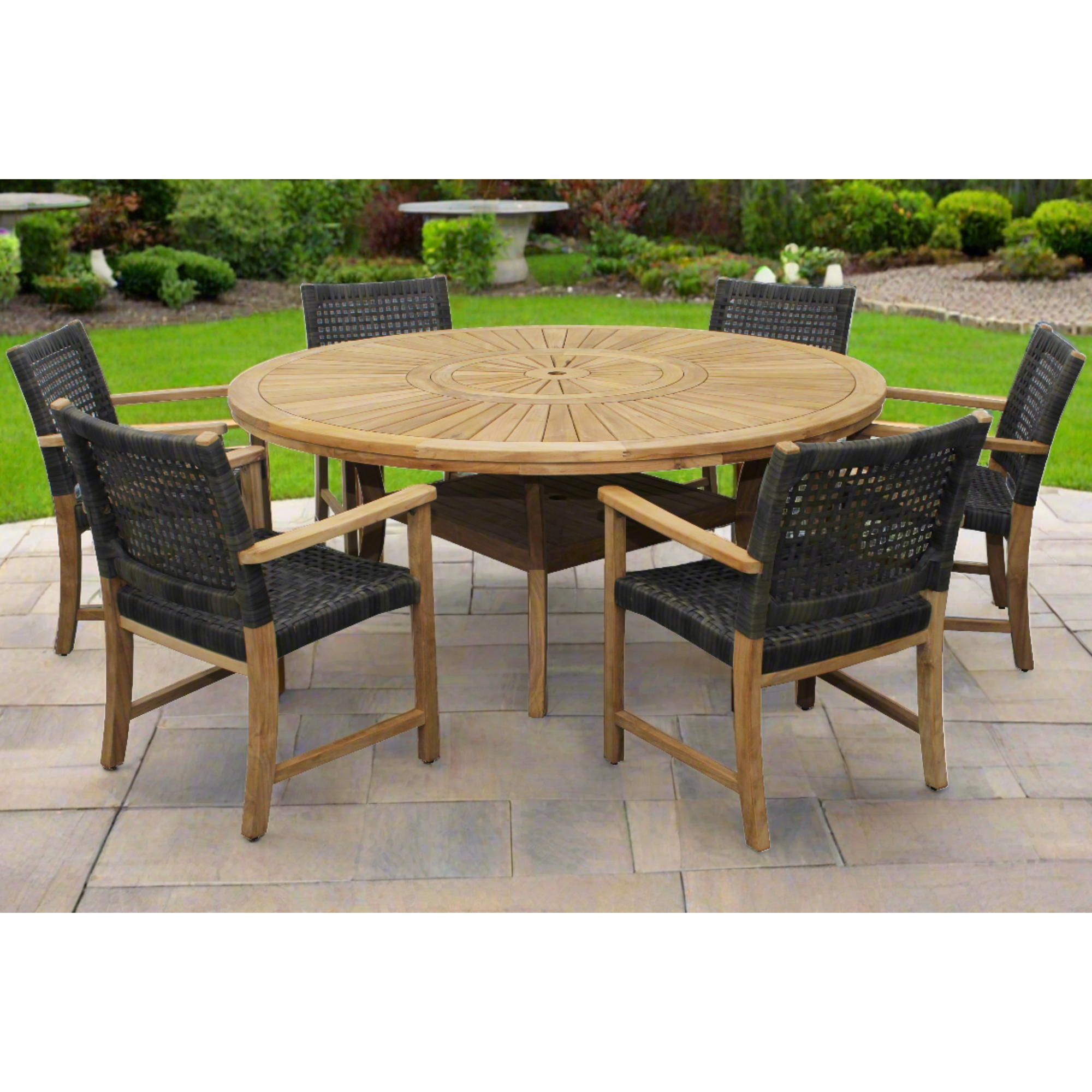 Komodo Teak 7pc Outdoor Dining Set (Teak 70" Round Table w Built-in Lazy Susan with 6 Woven Sanur Armchairs)