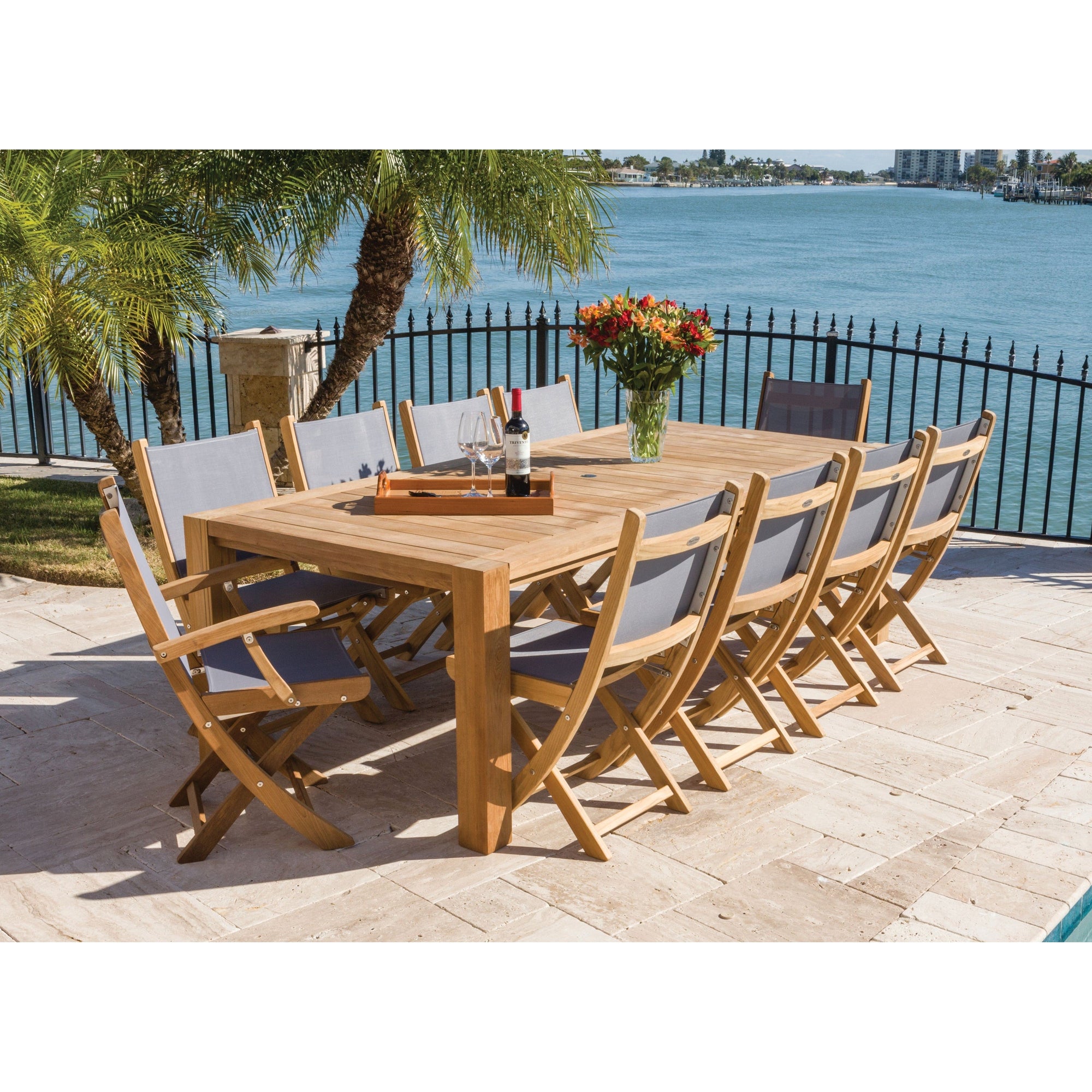 Rinjani Teak 7pc Outdoor Dining Set (Teak 94" Rectangular Table with 6 Teak Yacht Folding Armchairs)