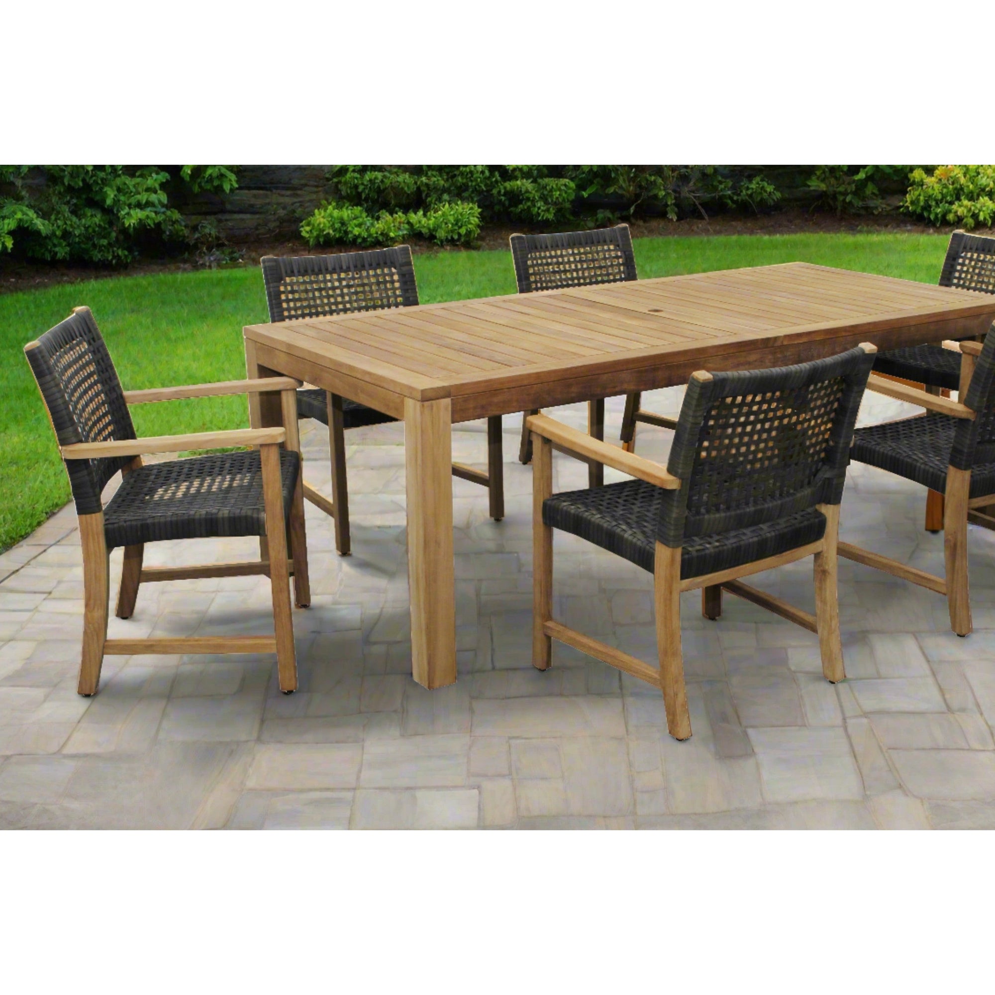 Katana Teak 7pc Outdoor Dining Set (Teak 86" Rectangular Table with 6 Woven Sanur Armchairs)