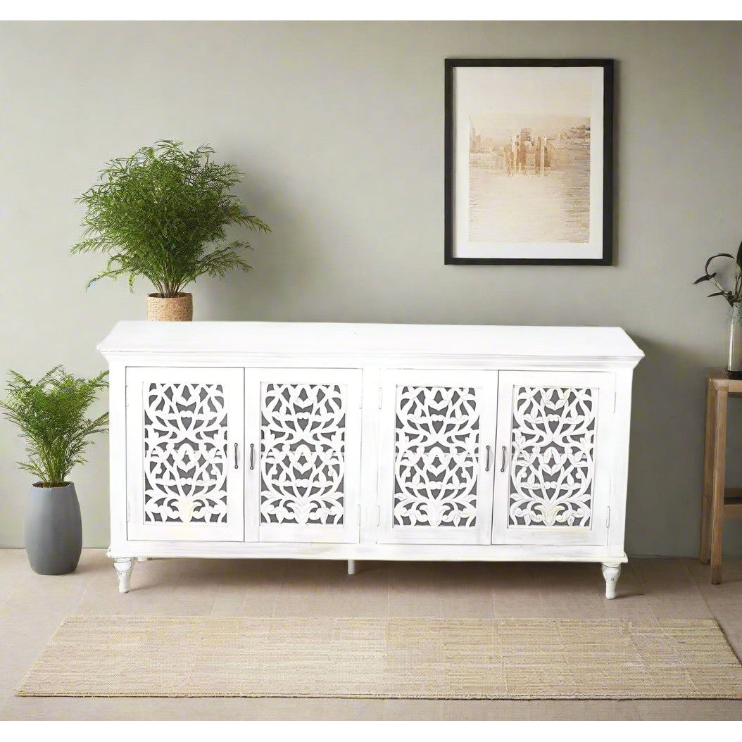 Lunar Carved White Sideboard 80" 4-Door