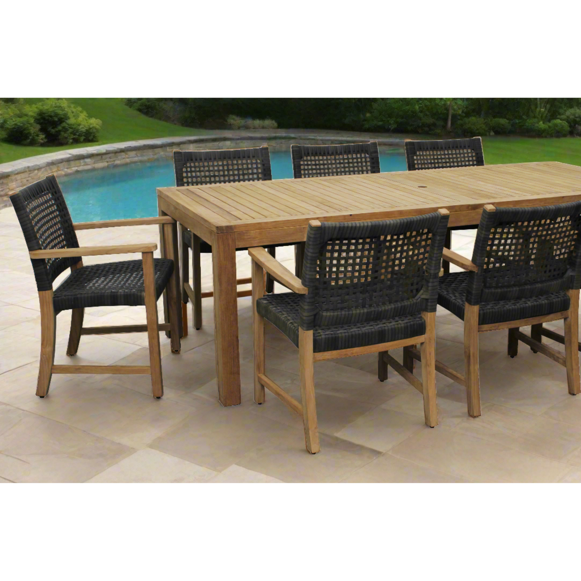 Rinjani Teak 9pc Outdoor Dining Set (Teak 94" Rectangular Table with 8 Sanur Woven Armchairs)