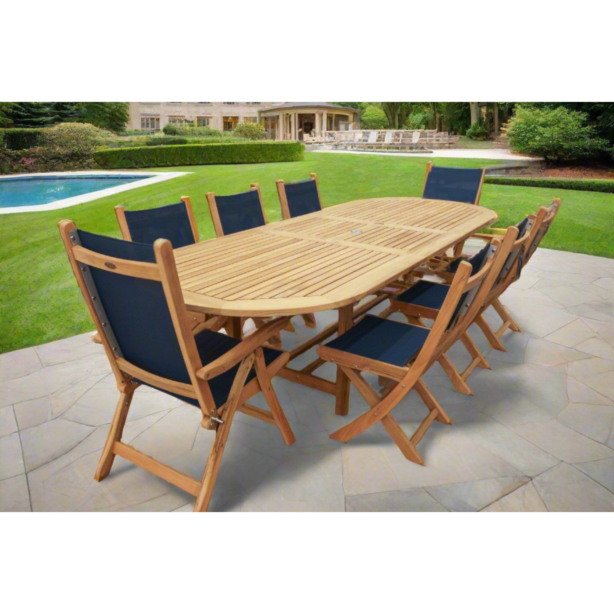 Yacht Teak 9pc Outdoor Dining Set (Teak Oval Extendable Banquet Table 96-120" with 8 Teak Chairs)
