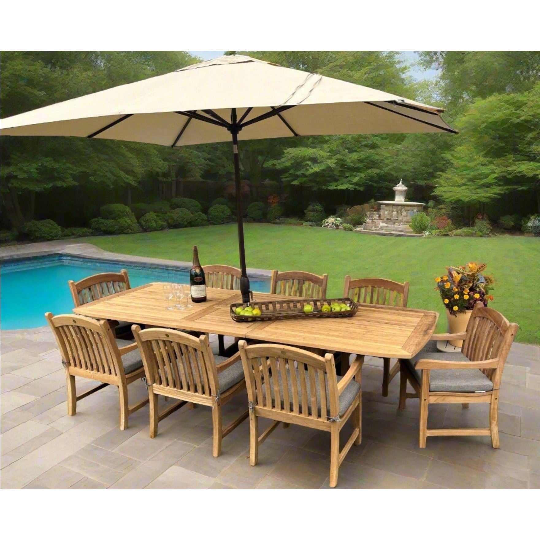Yacht Teak Banquet 96-118" Extendable 9pc Outdoor Dining Set with 8 Tista Armchairs